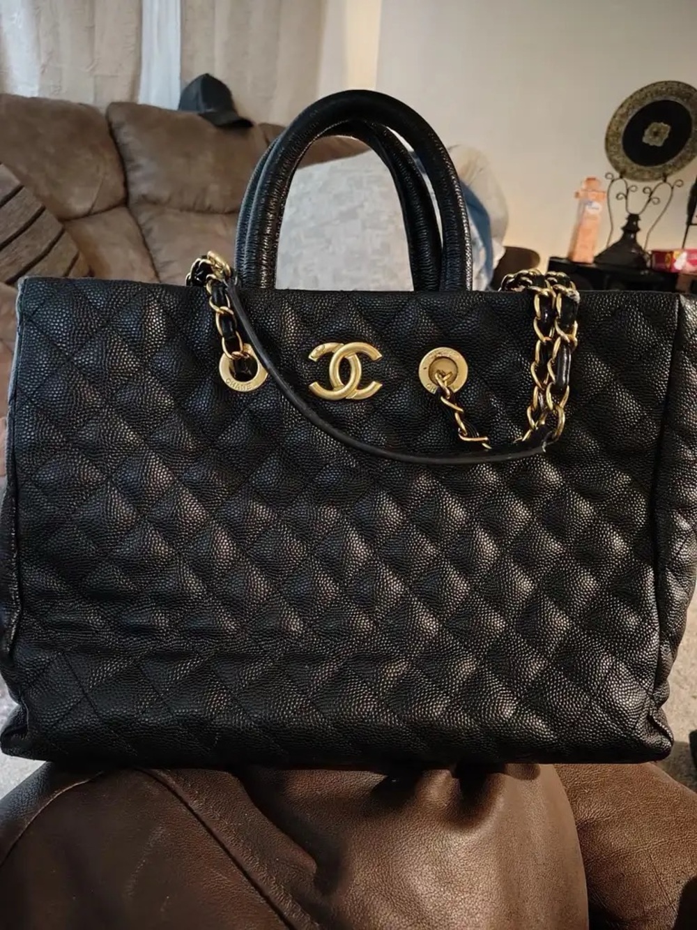 CHANEL Black Quilted Leather Double-Handle Tote with Gold CC Hardware